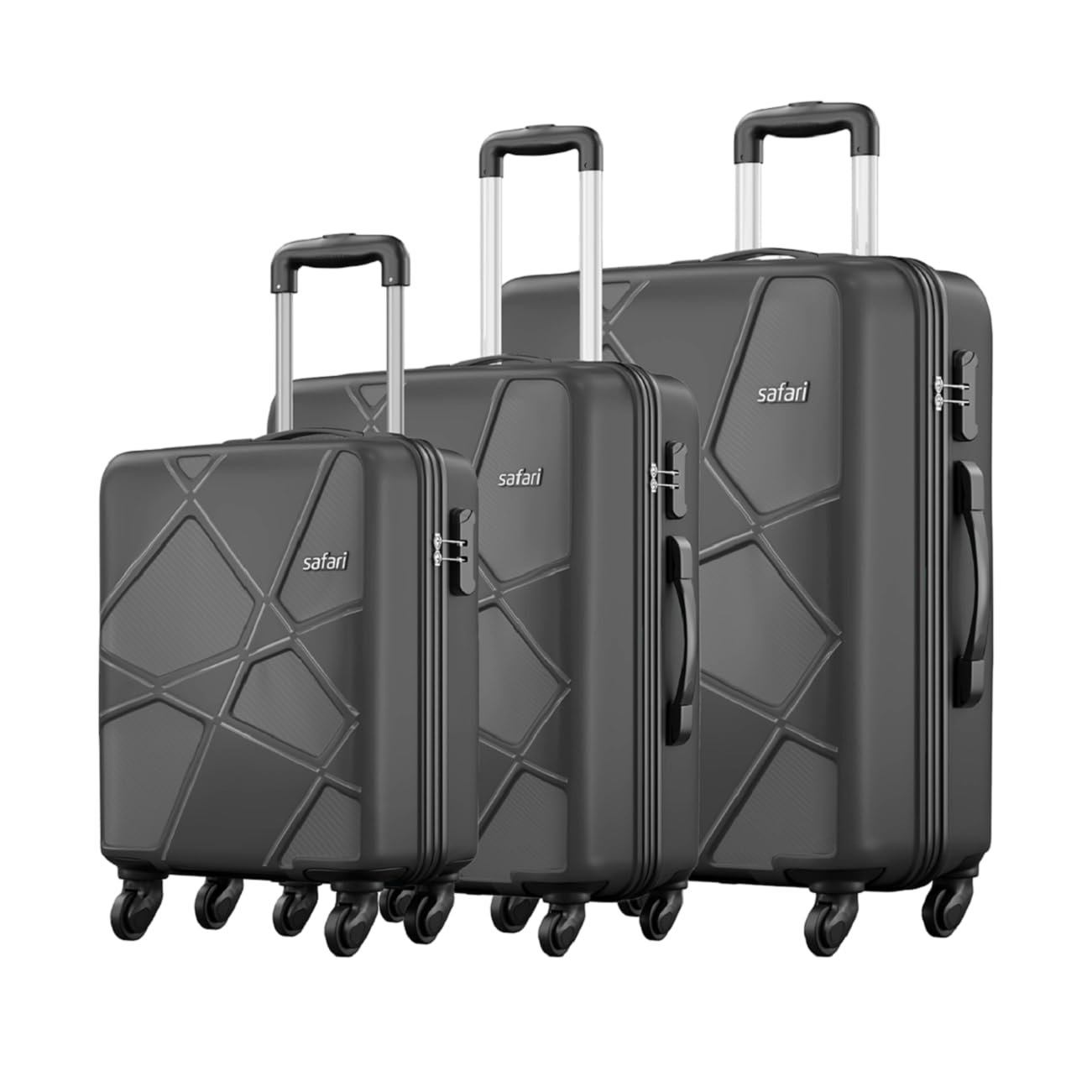 Safari Polypropylene Pentagon Hardside Small, Medium & Large Size Cabin & Check-in Luggage Set of 3 Speed_Wheel 8 Wheel Suitcase Trolley Bags for Travel Black Color 55Cm, 66Cm &...