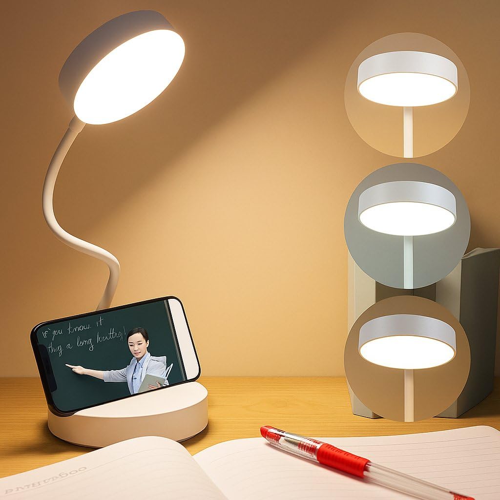 SaleOn USB Rechargeable LED Desk Lamp with Mobile Stand & 6 Month Warranty | Flexible Gooseneck Study Light | 3 Color Modes | Eye Protection | Touch Button Control | Home &...