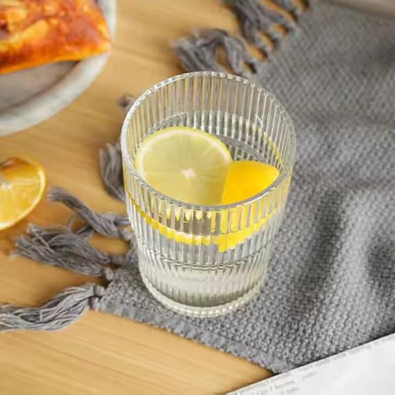 SILICOX Italian Style Crystal Water Glasses Set of 2 (220ml) | Elegant Ribbed Tumblers for Juice, Cocktails, Soft Drinks & Mojitos | Premium Drinkware for Home, Office & Gifts