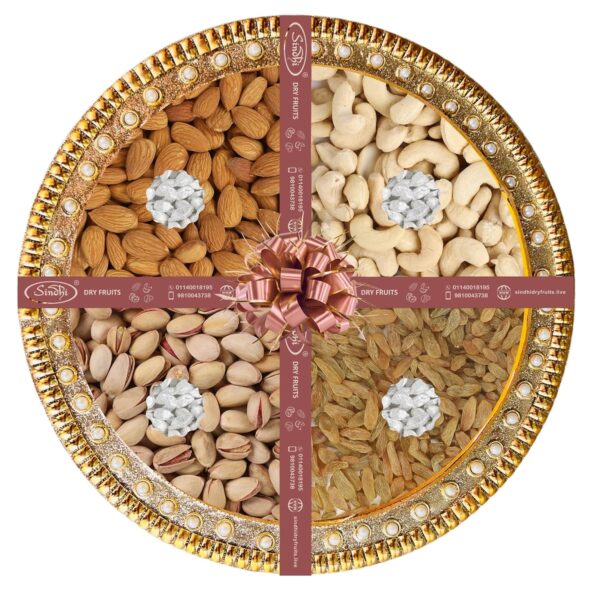 Sindhi Dry Fruits Gift Pack Containing Cashews Almonds Pistachios and Raisins in a Fancy Decorative Tray 1 Kg Net Material Ideal for Gifting