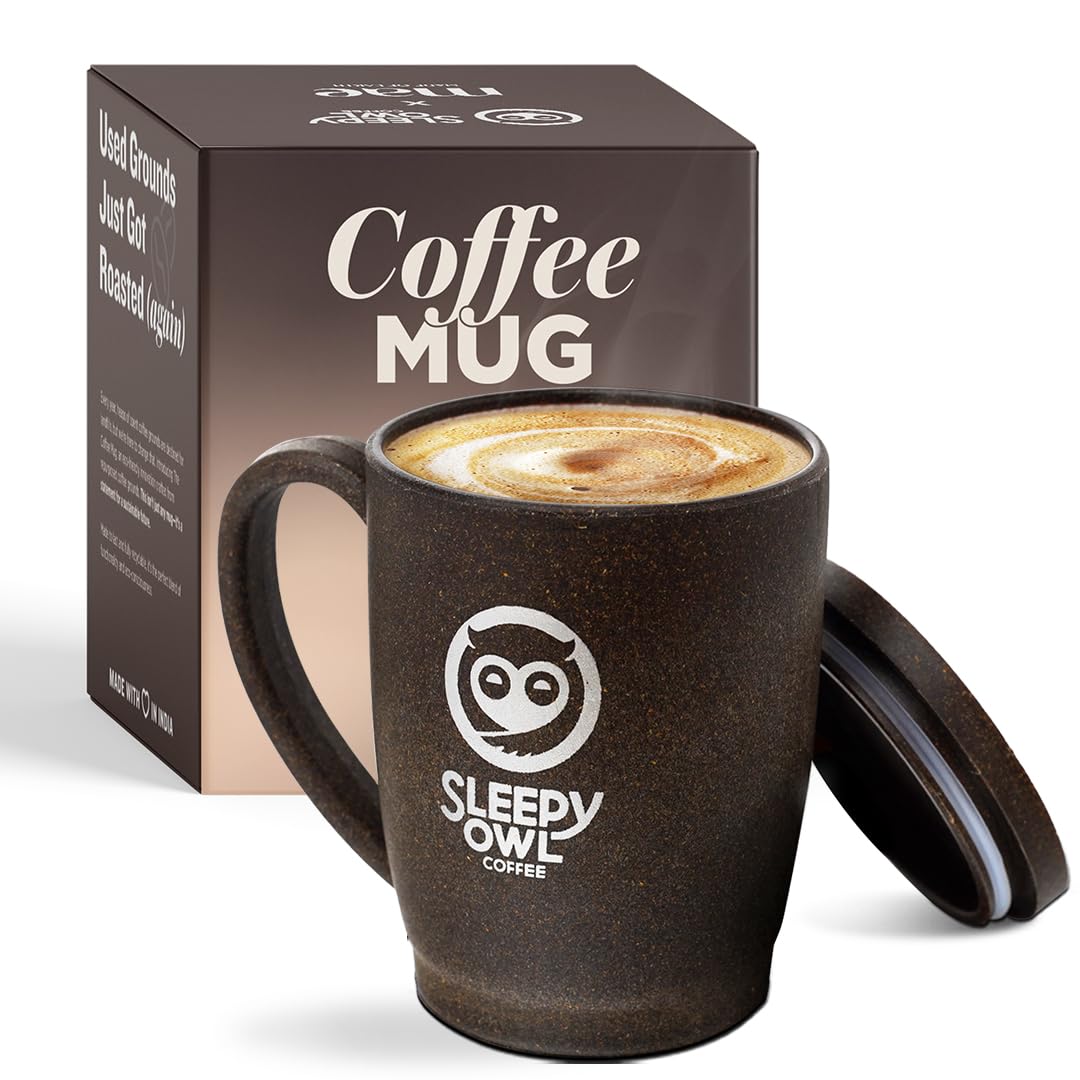 Sleepy Owl Coffee Mug with Lid | Crafted from Used Coffee Grounds | Eco-Friendly & Sustainable Cup | Microwave Safe | Spill Proof | Travel Friendly | Office | Home | Premium...