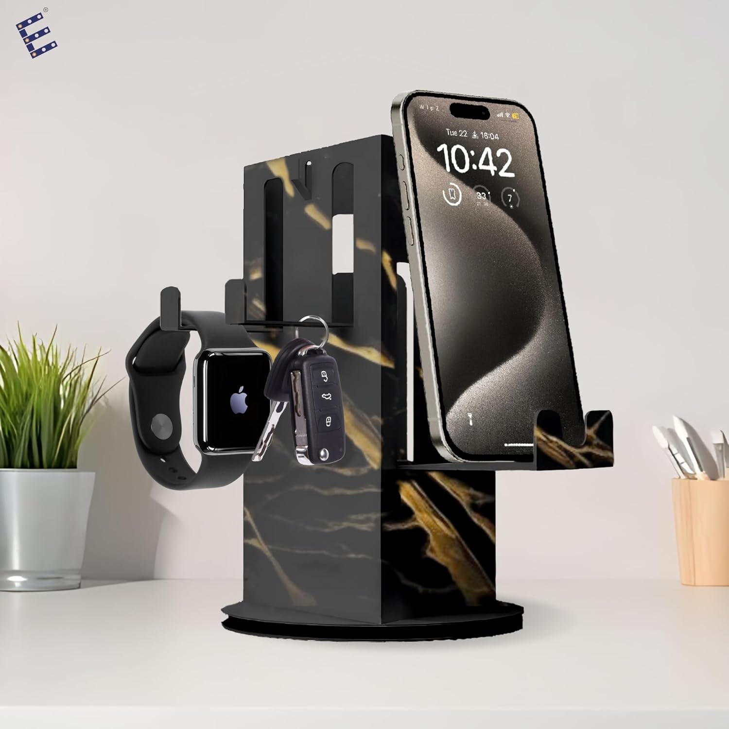 Sole Module® Multipurpose Metal Rotating Pen Stand | Stylish Corporate Gift/Desk Organizer for Study/Office | 5 Compartment Stationery Office Supplies | Mobile/Wallet/Keys/Watch...