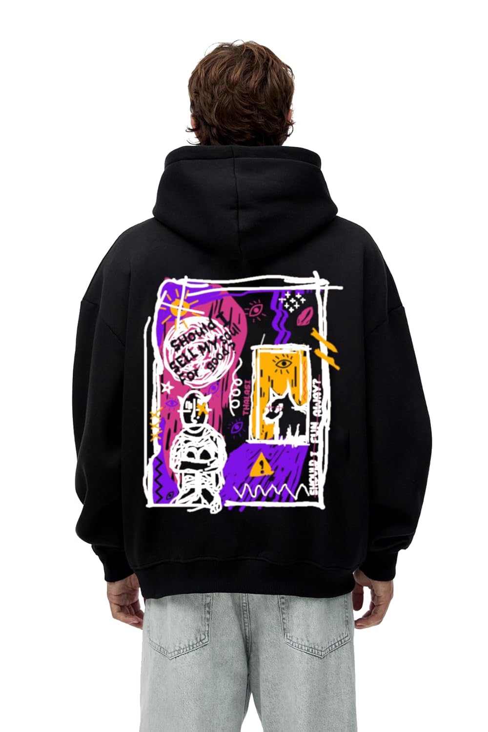 THALASI Black Graphic Back Printed Hoodies for Mens - Thick Cotton Branded Stylish Winter Hoodie for Mans