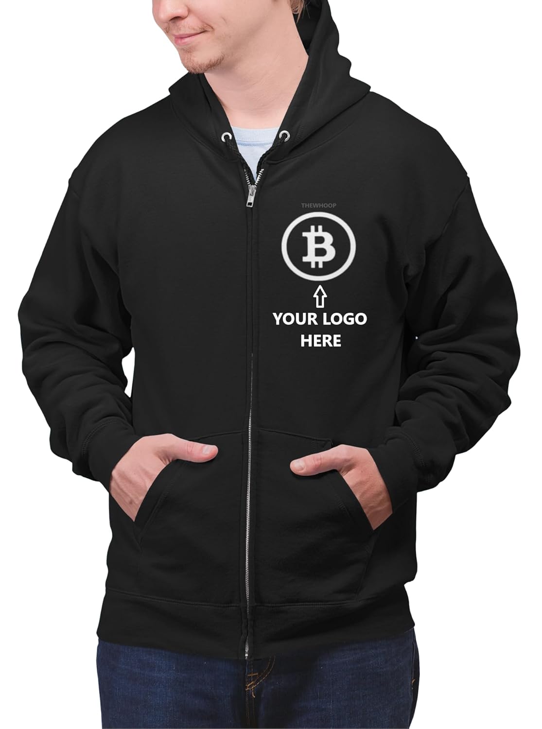 THEWHOOP Customized Print Your Name/Logo Cotton Zipper(Chain) Fleece Hooded Neck Personalized Zipper Hoodie for Men, Women