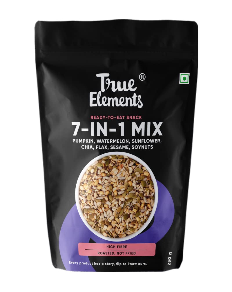 True Elements 7 in 1 Seeds Mix 250g - Edible Seeds | Healthy | Diet Snacks | 100% Natural and Roasted - Pumpkin, Watermelon, Sunflower, Flax, Chia, Sesame & Soynuts