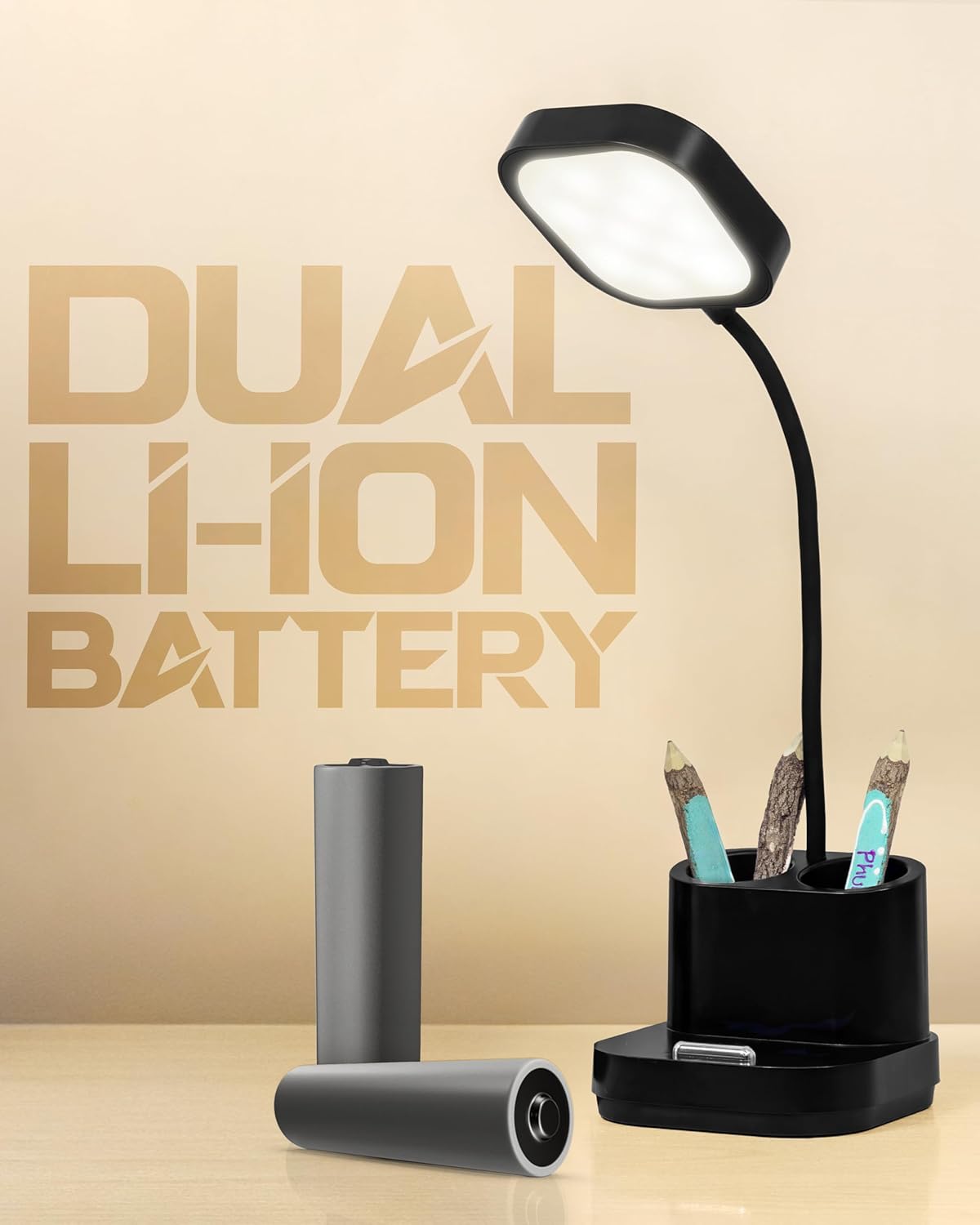 WEIRD WOLF LED Desk Lamp with Dual Lithium Battery | 3-Level Brightness | Touch Control, Goose Neck | Pen Holder | Black Plastic - Pack of 1