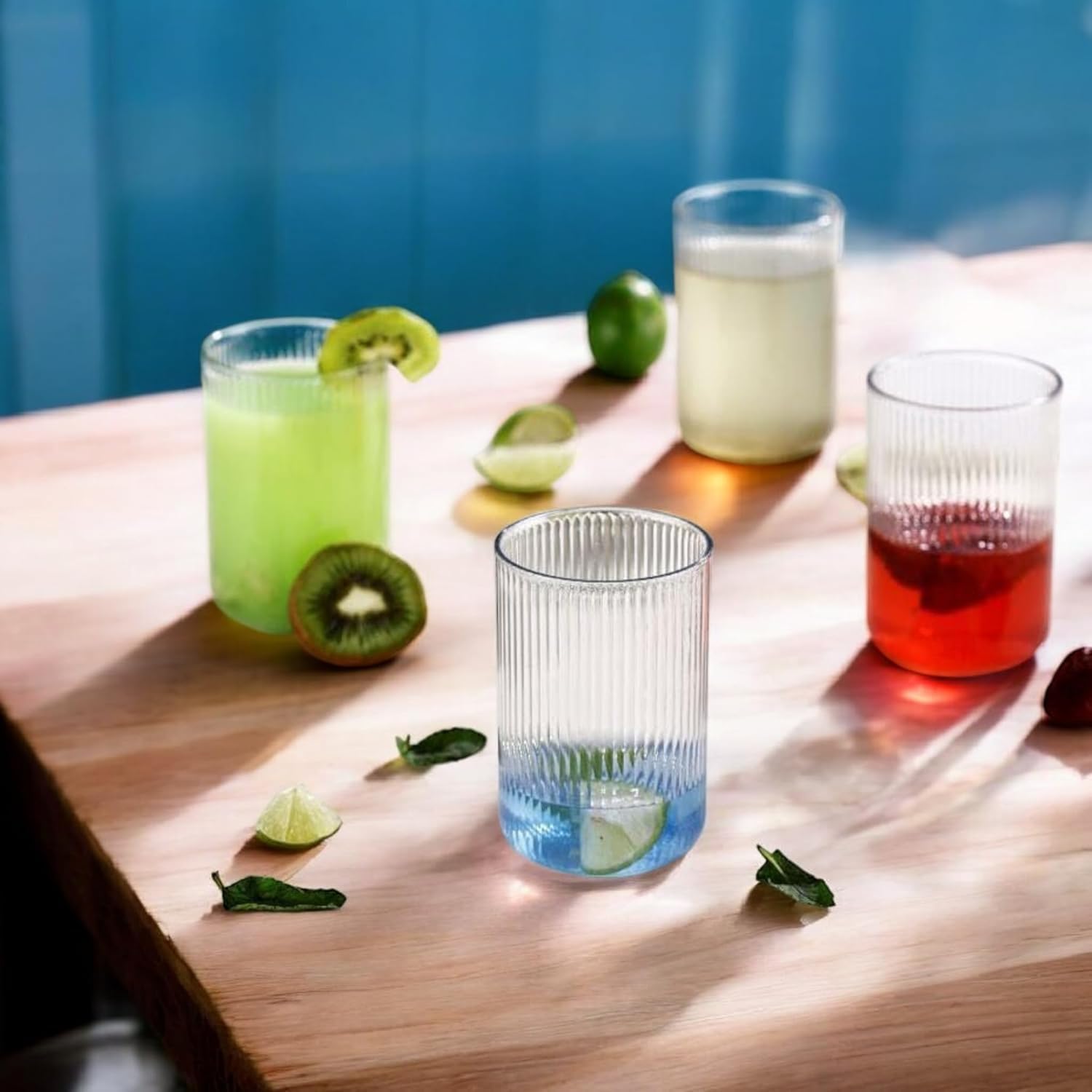 XMART INDIA Juice Glasses Set Clear Classic Faluda Glasses with Vintage Style & Vertical Stripes, Ideal for Milkshakes, Juice, Cocktails, Iced Coffee, and Water Durable Plastic...