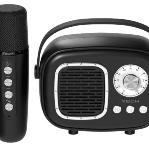 XECH Karaoke Speaker with Wireless Mic for Singing Retro Radio Design Ai Voice Changer Vocal Cancellation Birthday Gift for Kids Men Sister Brother (RetroJam)