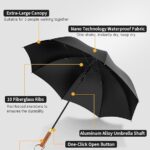FLYNGO Umbrella for Rain Big Size, Premium Wooden Handle Golf Umbrella for Sun UV Protection and Heavy Rain, Windproof 8-Rib Fiberglass Frame, One-Click Auto Open