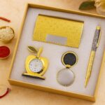 Lavanaya Silver 4 In 1 Gift Set With Table Clock, Metal Keychain, Card Holder And Crystal Pen Set For Corporate Gifting Diwali Gifting - Analog