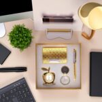 Lavanaya Silver 4 In 1 Gift Set With Table Clock, Metal Keychain, Card Holder And Crystal Pen Set For Corporate Gifting Diwali Gifting - Analog