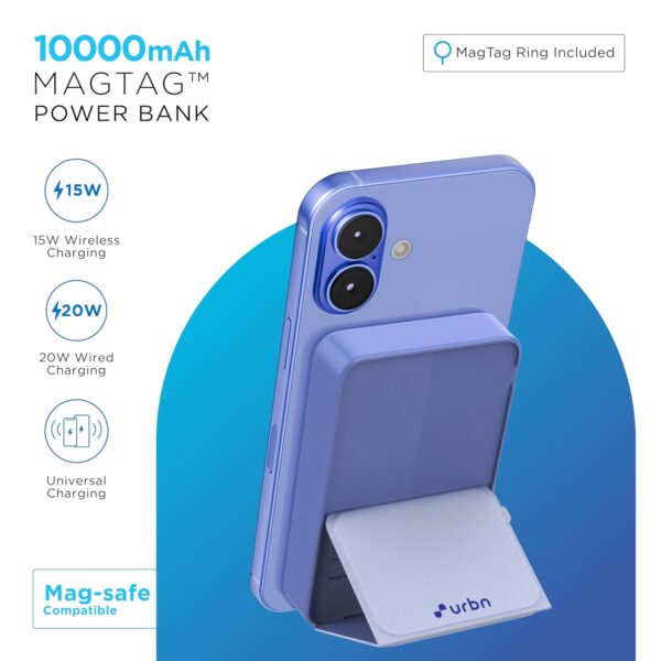 URBN 10000 mAh Stand Magsafe Power Bank with Foldable Stand | 15W Fast Wireless Charging | Strong Magnetic Hold | Type C Input/Output | Pass Through Charging | MagTag Ring...