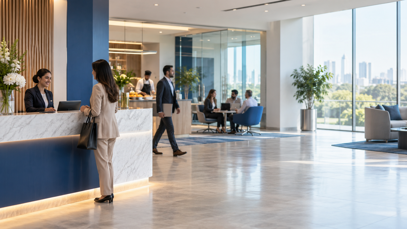 Reception and workplace hospitality operating together in a corporate office