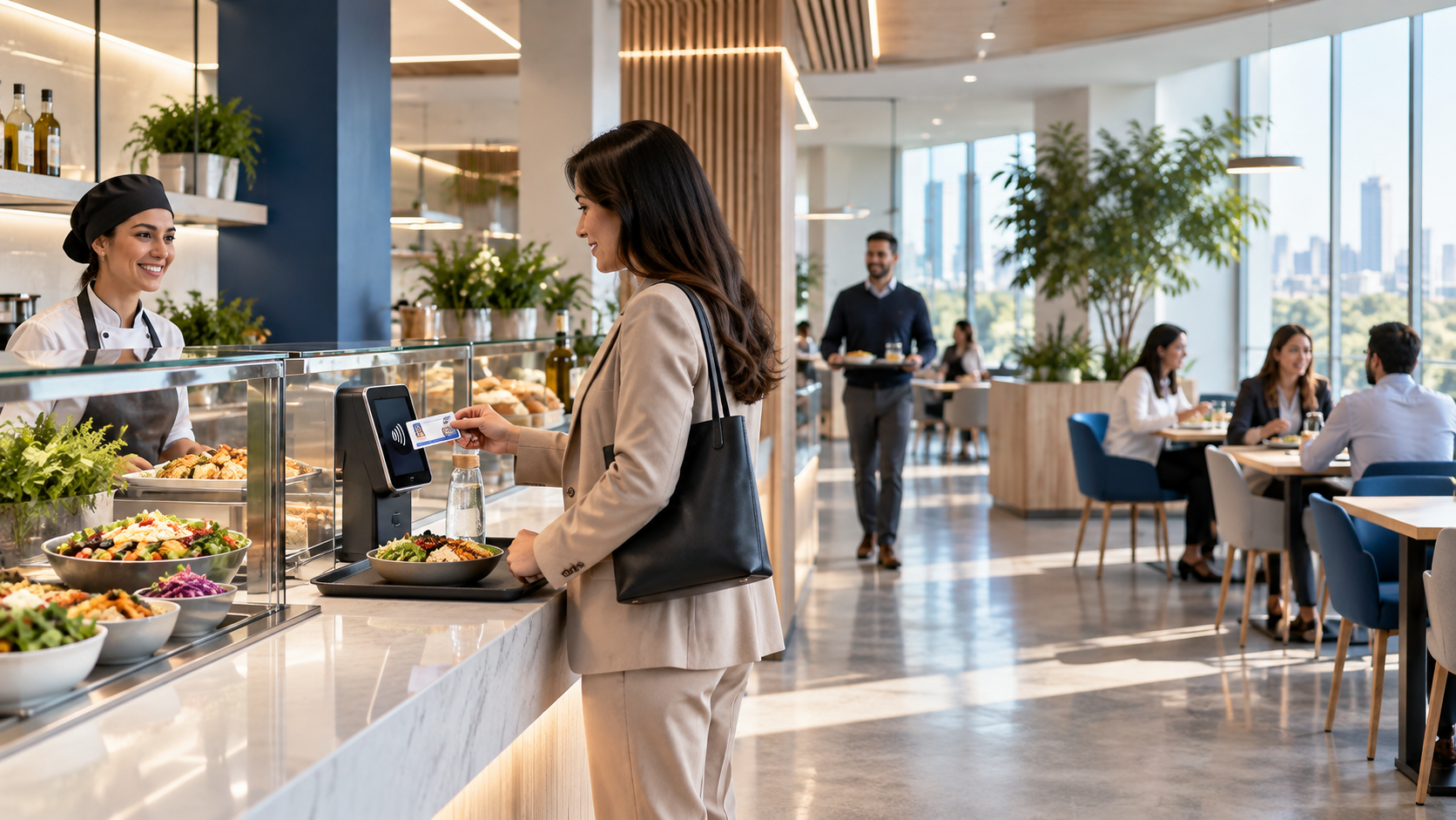 Employee using a company card at a modern corporate cafeteria counter