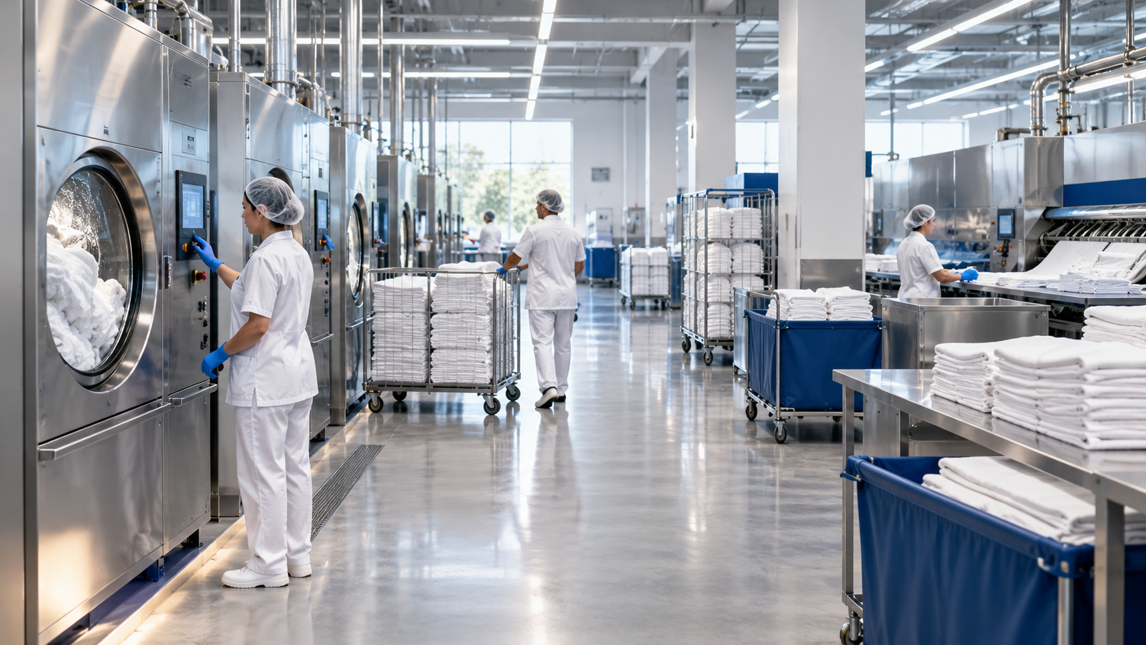 Industrial laundry team processing and checking institutional linen