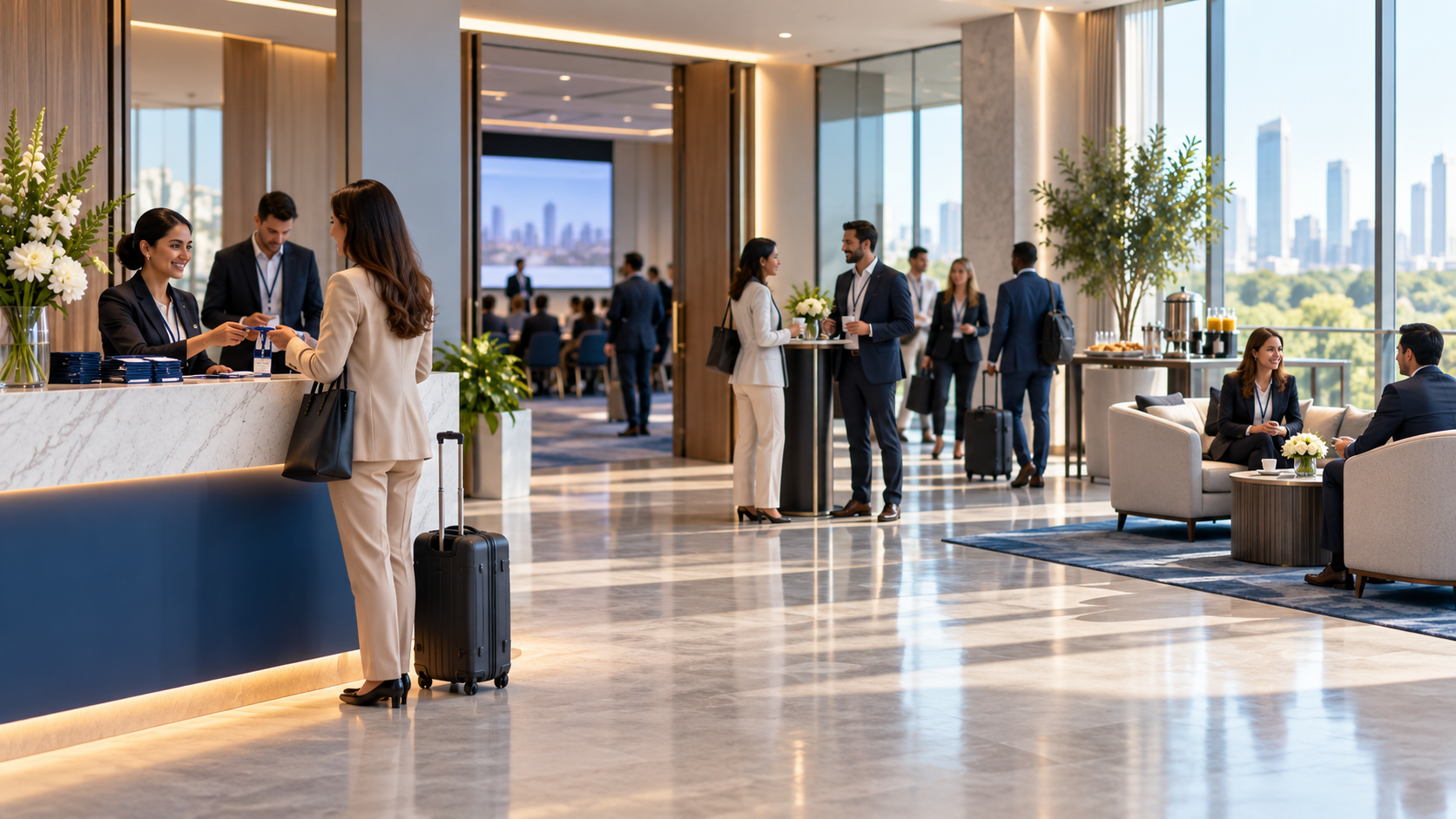 Business travellers and event delegates receiving coordinated hotel and event support