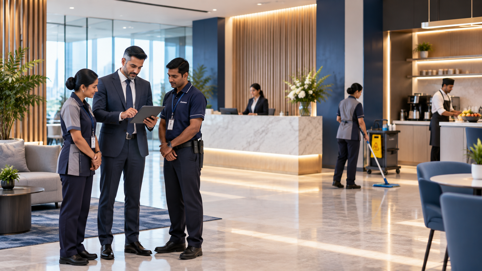 Workplace manager and service partner reviewing an operational checklist